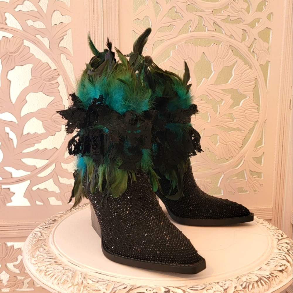 "JHETTA" Custom Order Black Diamante Feather Ankle Boots